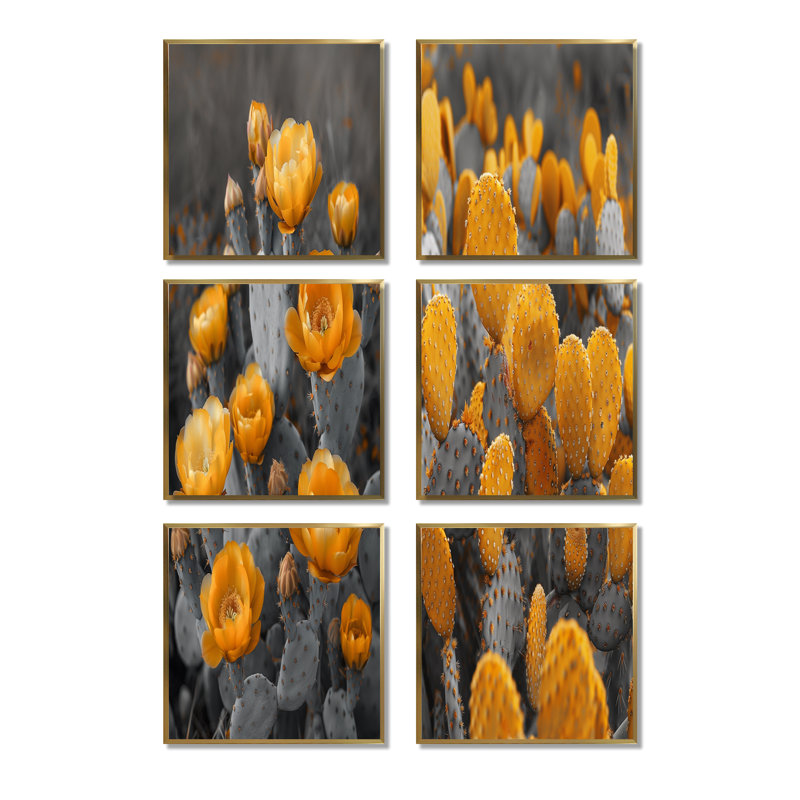 Fleurs de désert monochromes jaunes et grises - ensemble de 6 cactus floraux, Impression encadrée sans passe-partout, Doré