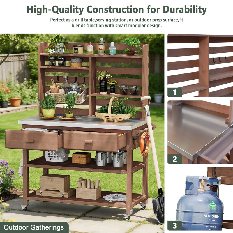 64.9"H Outdoor Kitchen Island With Lockable Wheels, Brown