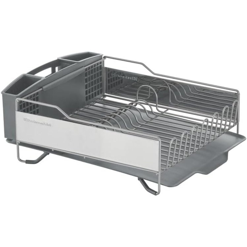 Égouttoir à vaisselle grande capacité gris clair, résistant à la rouille et robuste, avec un bac d'égouttement incliné pour un meilleur drainage.