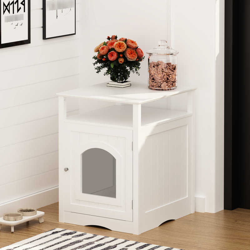 Enceinte de litière pour chat blanc - maison intérieure en bois avec boîte cachée, construction, crochet latéral et tablette fonctionnelle, table moderne pour enceinte de salon ou de chambre à coucher, armoire fermée, confortable