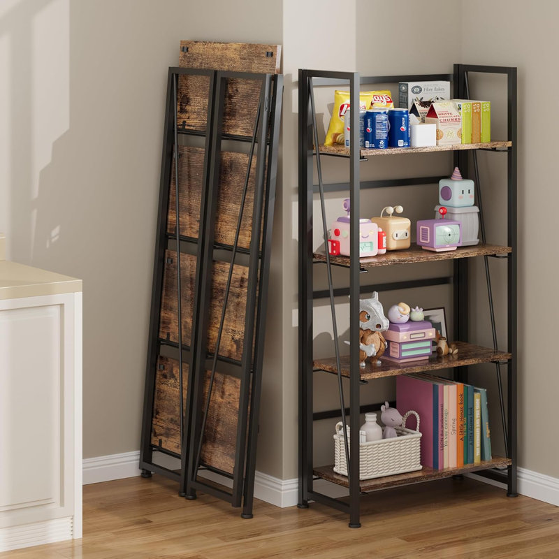 Bibliothèque pliante rétro - aucun assemblage requis, (4 tablettes) H 49,8 po x l 23,6 po x P 11,6 po, Brun