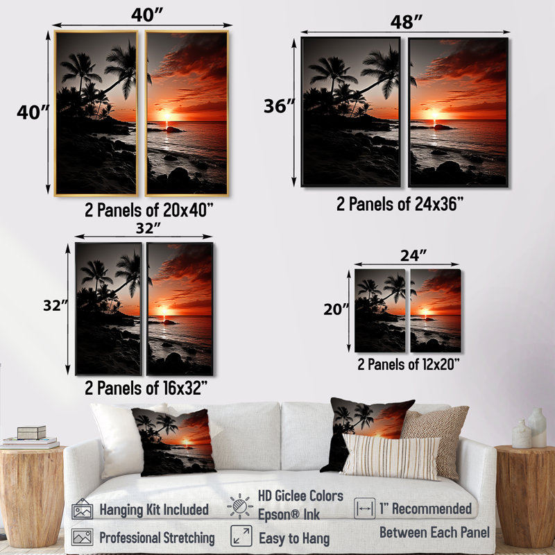 Hawaii Sunset Serenade I - Ensemble de 2 décorations murales grises, H 20 po x l 24 po, Impression encadrée flottante, Doré