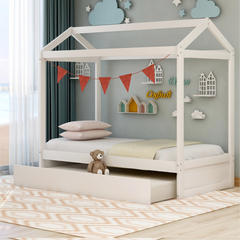 Lit maison avec lit gigogne, peut être décoré, blanc