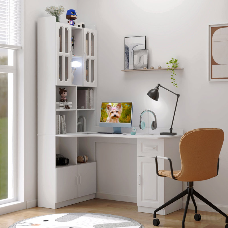 Bureau d'ordinateur d'angle en L pour bureau à domicile ou bureau d'étude, table d'étude de style moderne avec tiroirs, bibliothèque et huche, conception en L 2 en 1, grand espace de travail, blanc