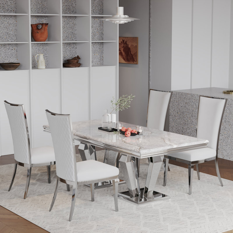Glam White Velvet High Back Dining Chairs With Mirrored Silver Legs Set Of 6