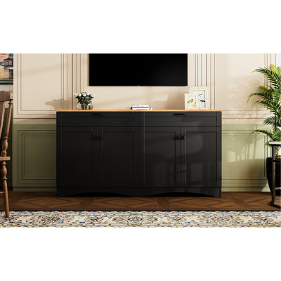 Buffet 70 "avec design incurvé, design rustique, 2 tiroirs rustiques, tablettes réglables et buffet à grain de bois, support à tiroirs noir, style classique