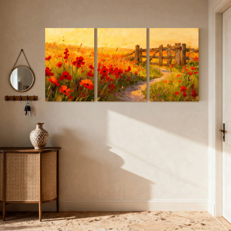 Assortiment de bouquets de coquelicots, chemin du coucher du soleil, clôture, ensemble de 3 impressions sur toile