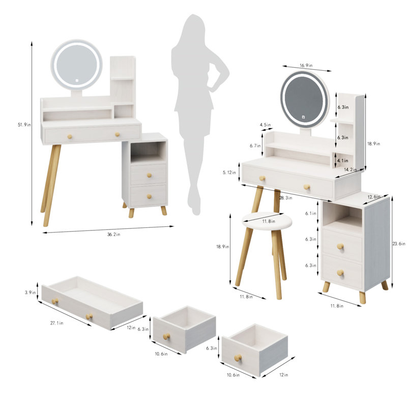 Round Mirror Bedside Cabinet Vanity Table + Cushioned Stool