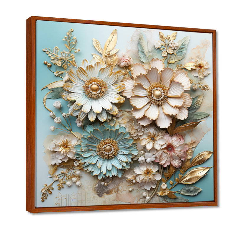 Marguerite dorée blanche et bleue feuilles dorées - Art mural marguerite, Toile avec cadre flottant brun