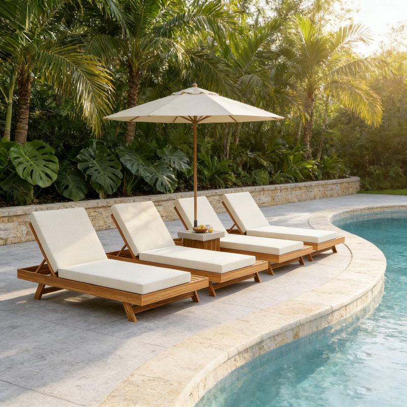 1Pcs Lounge Chaise, Space Available On One Side, Acacia Wood With Water-Resistant Lounge Cushions (4 Inch Thick) - Matching Version Available