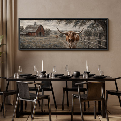 Highland Cow Farmhouse Barn Landscape Rustic Animal Wall Decor - Large Framed Canvas Master Bedroom Wall Art Print