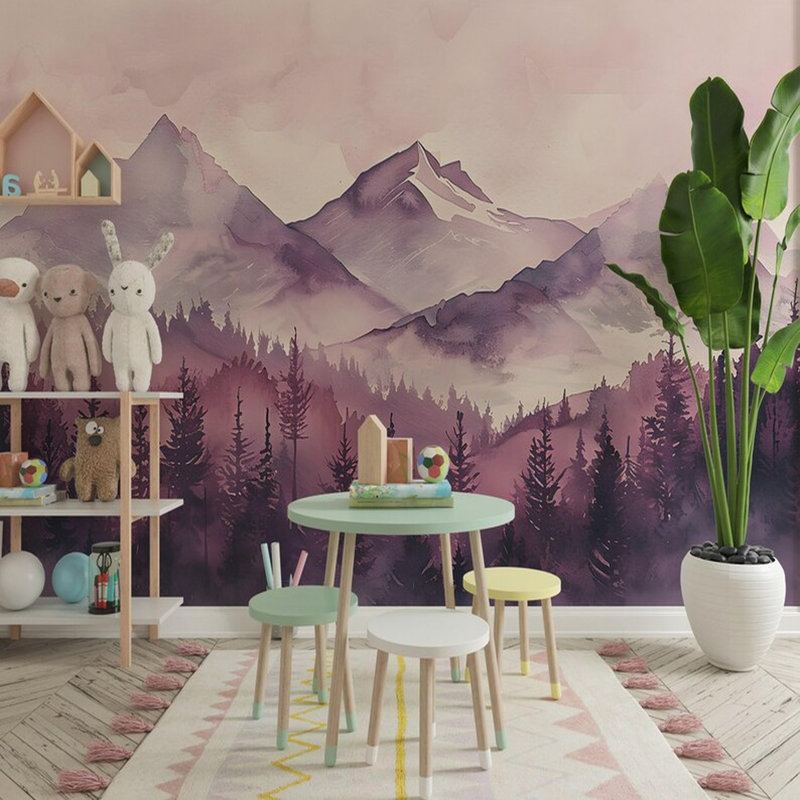 Murale de paysage aquarelle forêt de montagne rose, 96" Lx 108" W