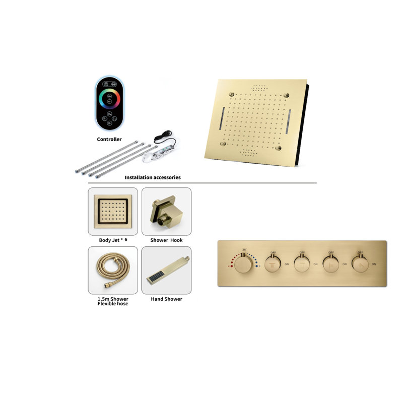 Système de douche thermostatique complet à DEL de luxe avec valve brute et inverseur, Or brossé