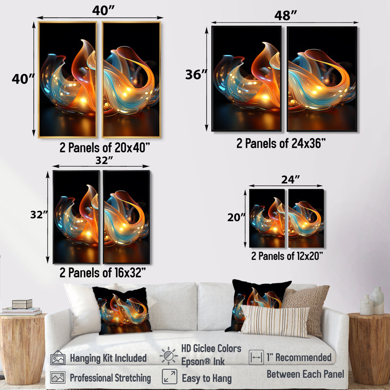 Feu, vagues d'eau bleues et orange - formes abstraites sur toile, formes modernes, H 36 po x l 48 po, Noir
