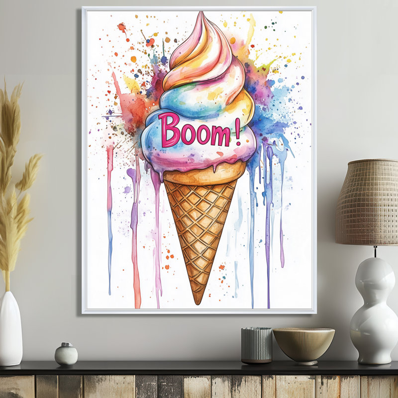 Glace pop art, décoration murale de style comique, bougie de crème glacée!, H 44 po x l 34 po, Cadre flottant blanc