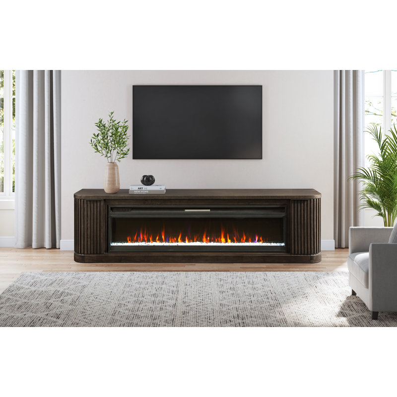 Contemporary Fireplace Console, Entertainment Storage, TV Stand, Fully Assembled, Brown, 24" H x 84" W x 15" D