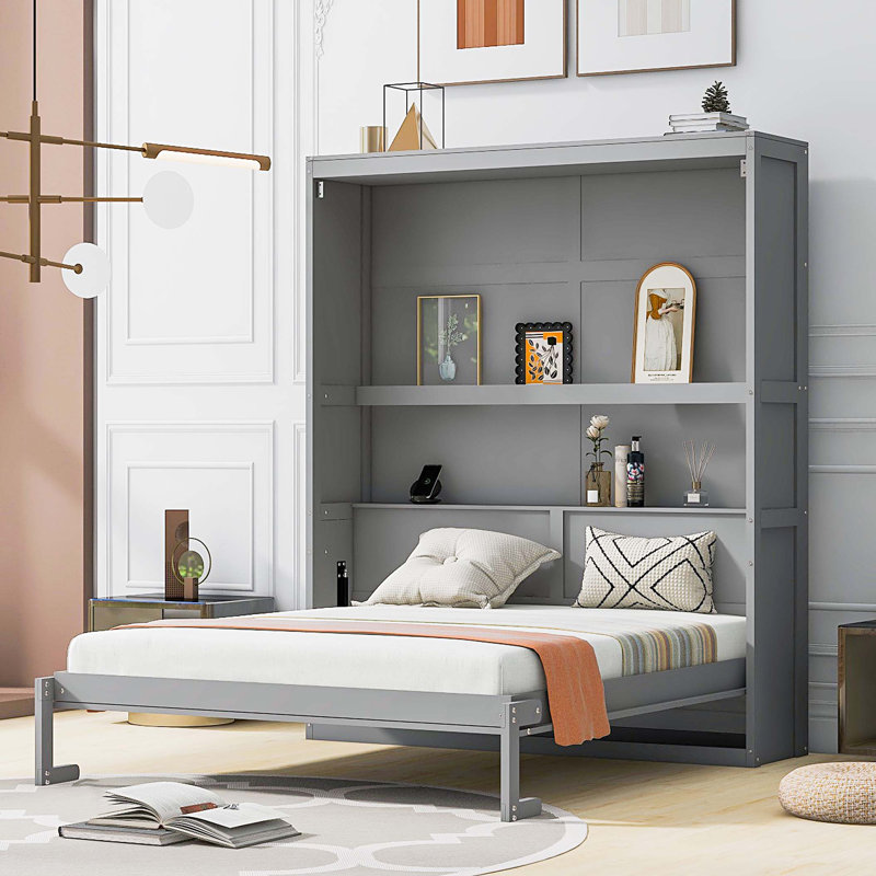 Lit escamotable mural avec tablettes Murphy, Gris, Lit double