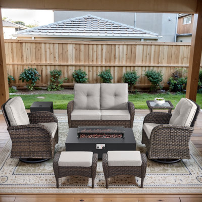 Esquer 7-Pieces Wicker Outdoor Loveseat Conversation Set For 6 Person With 2 Rocking And Swivel Chairs & Fire Pit Table