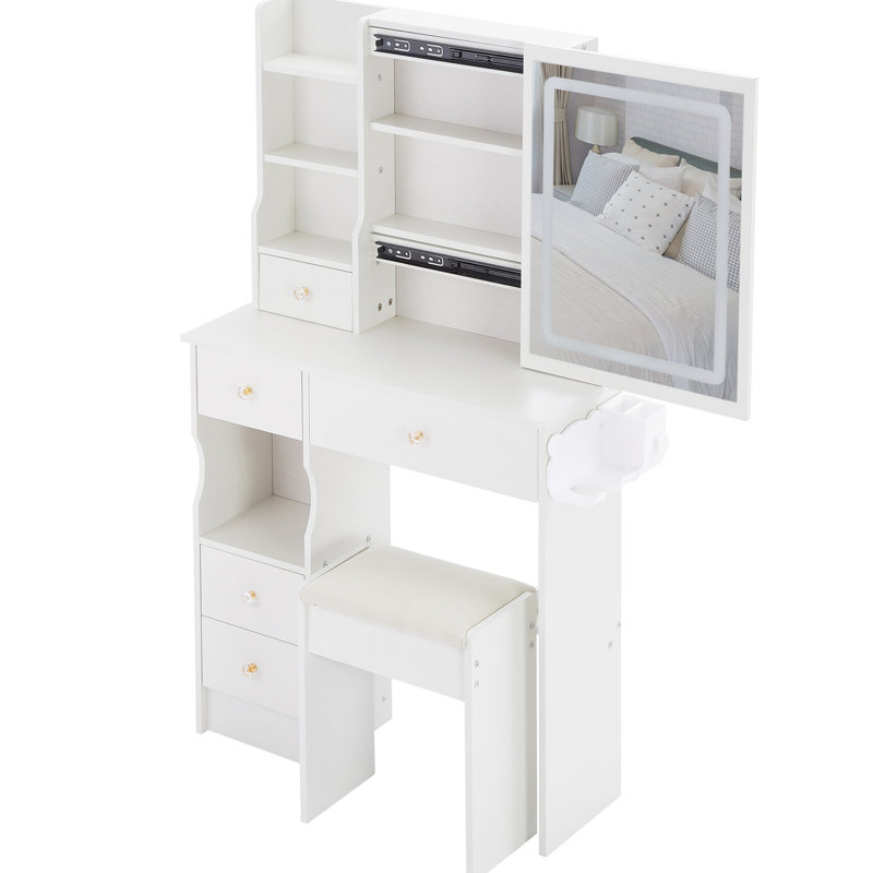 29.2" Left Drawer Vanity With Cushioned Stool, Built - In 2 Ac+2 Power Station, Hair Dryer Bracket, Extra Large Touch Switch Led Mirror Tri Color Lighting And Adjustable Brightness, For Small