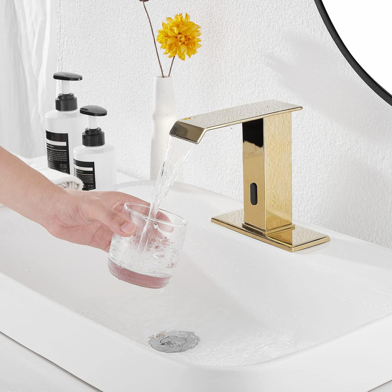 Auto-P-3007-Gold Automatic Sensor Polished Gold Touchless Bathroom Sink Faucet With Drain Assembly, Polished Gold