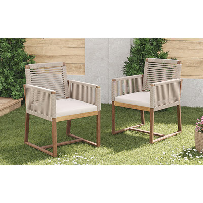 Ensemble de 2 chaises de salle à manger d'extérieur, fauteuil de patio en bois d'acacia avec dossier en corde et accoudoirs et coussin lavable
