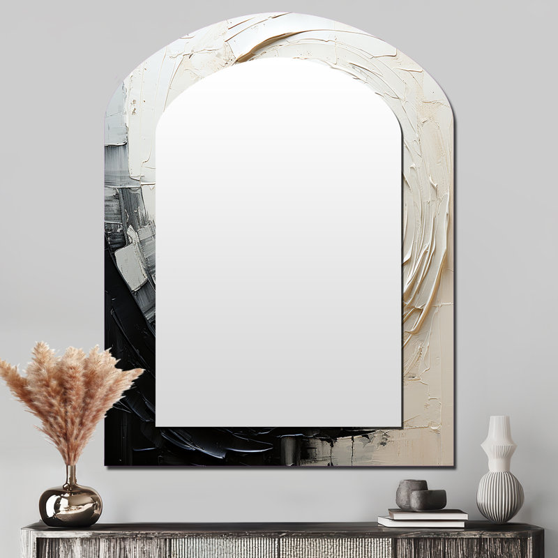 Minimalist Spiral - Abstract Spirals Arch Mirror, Black Asymmetrical Decorative Wall Mirror, Printed Metal Art, 43" x 33"