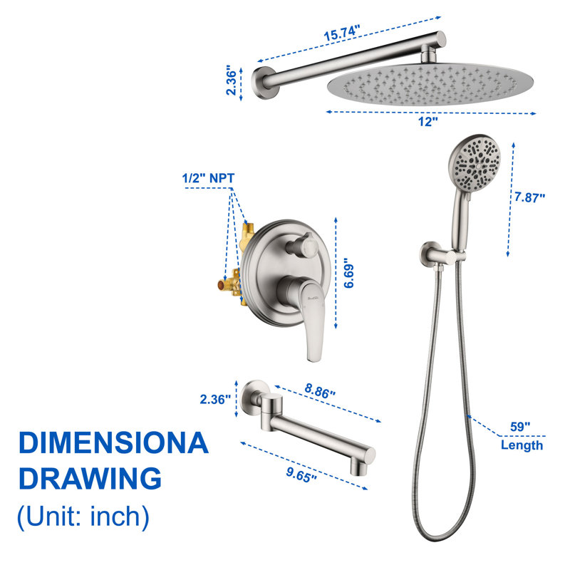 Rain Shower System With Tub Spout 3 Function Shower Faucet Set Contain 12 Inch Shower Head And Handheld Shower Trim Kit Valve Cartridge Included