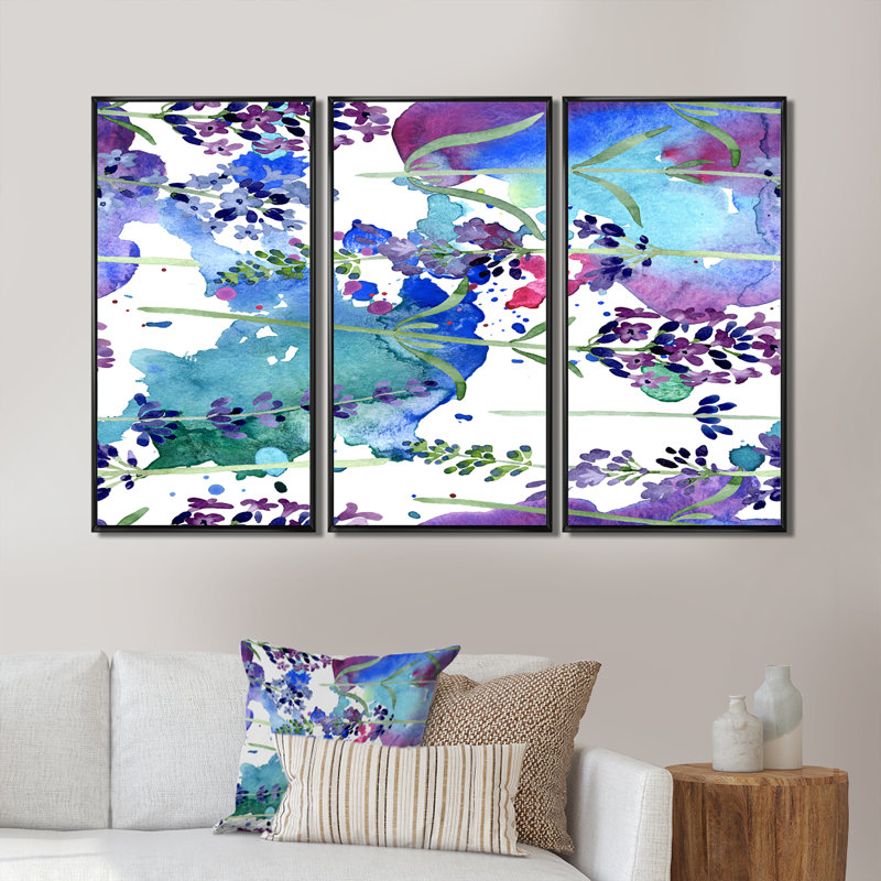 Violet lavande floral, botanique, ensemble de 3 toiles encadrées, Noir, H 28 po x l 36 po x P 1 po