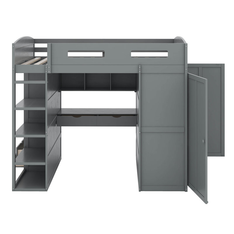  Lit mezzanine avec bureau, armoires, 4 tiroirs et 4 tablettes Onnofried, Gris, Double