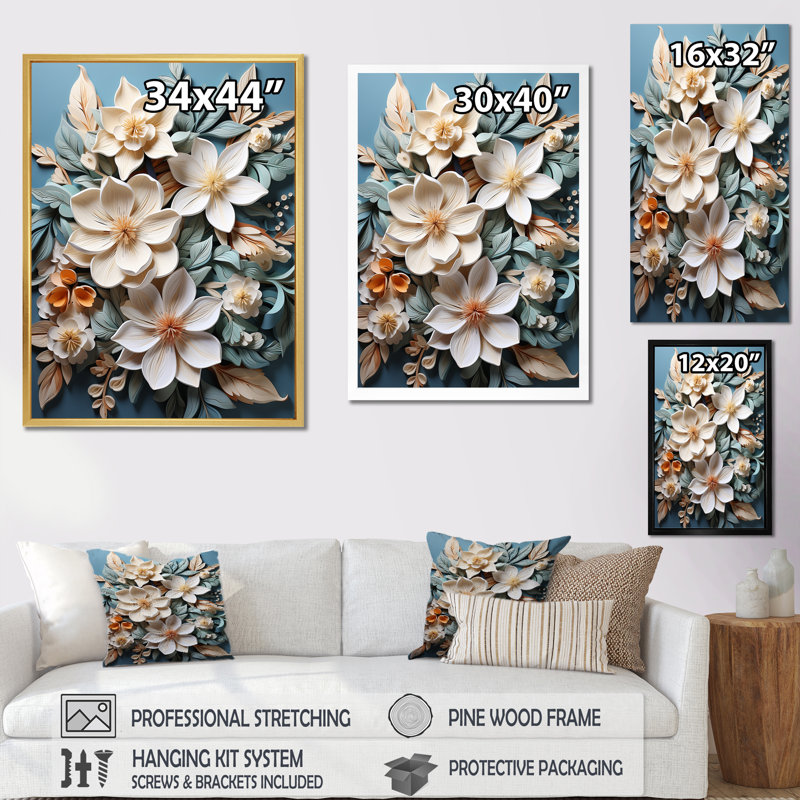 Élégant papier mâché, fleurs de plumeria, H 20 po x l 12 po x P 1 po, Toile tendue