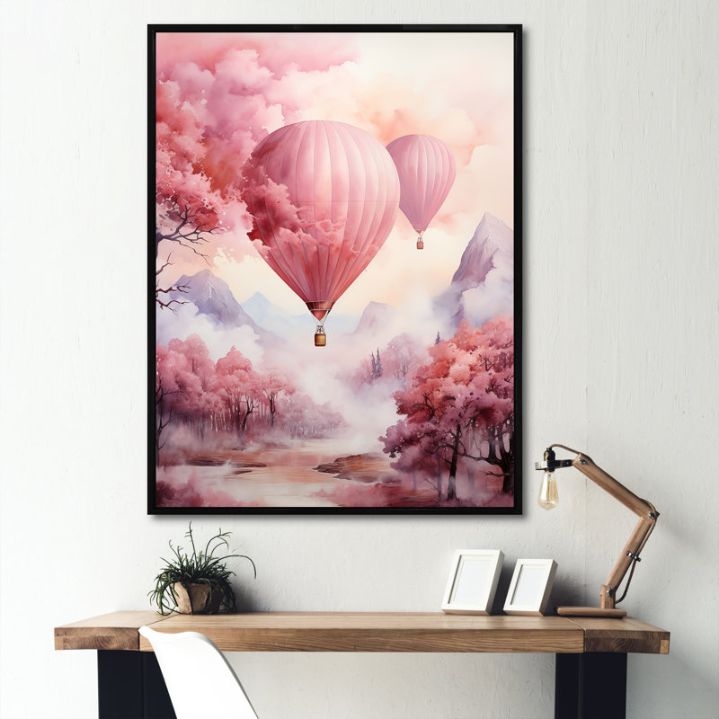 «Pink Whimsical Balloon Magic I», reproduction sur toile, Cadre flottant noir, H 20 po x l 12 po x P 1 po