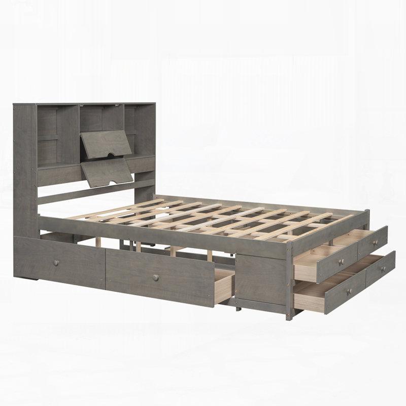 Lit plateforme moderne avec tête de lit avec rangement et 8 tiroirs, Gris, Grand lit