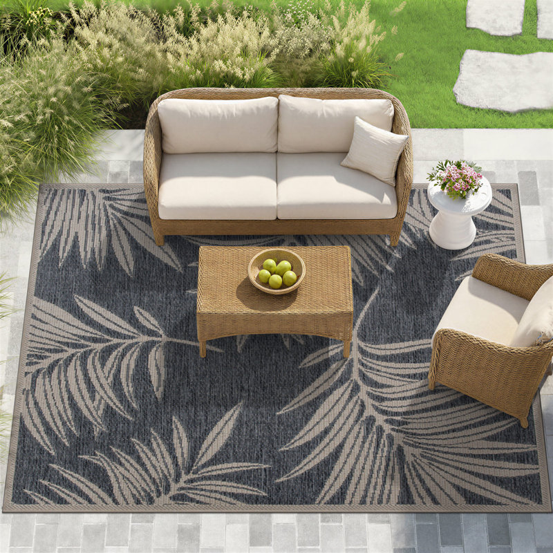 Tapis intérieur / extérieur bleu / gris / ivoire à motif floral Dowd, Rectangle 10 pi x 14 pi