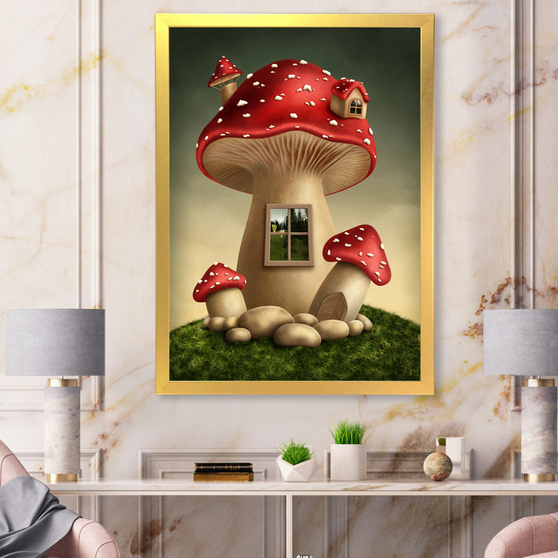 Fantasy Mushroom House - Peinture sur toile, H 44 po x l 34 po, Toile à cadre d'angle fermé doré