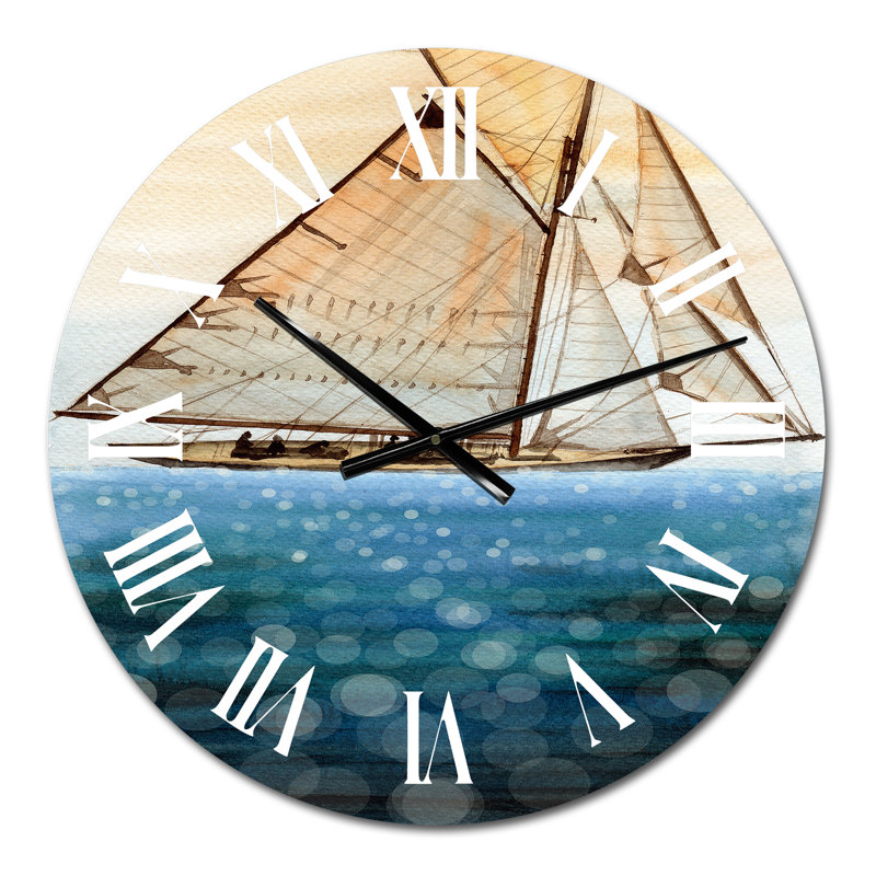 Voilier en mer scintillante bleue - horloge murale nautique et côtière, Moyen