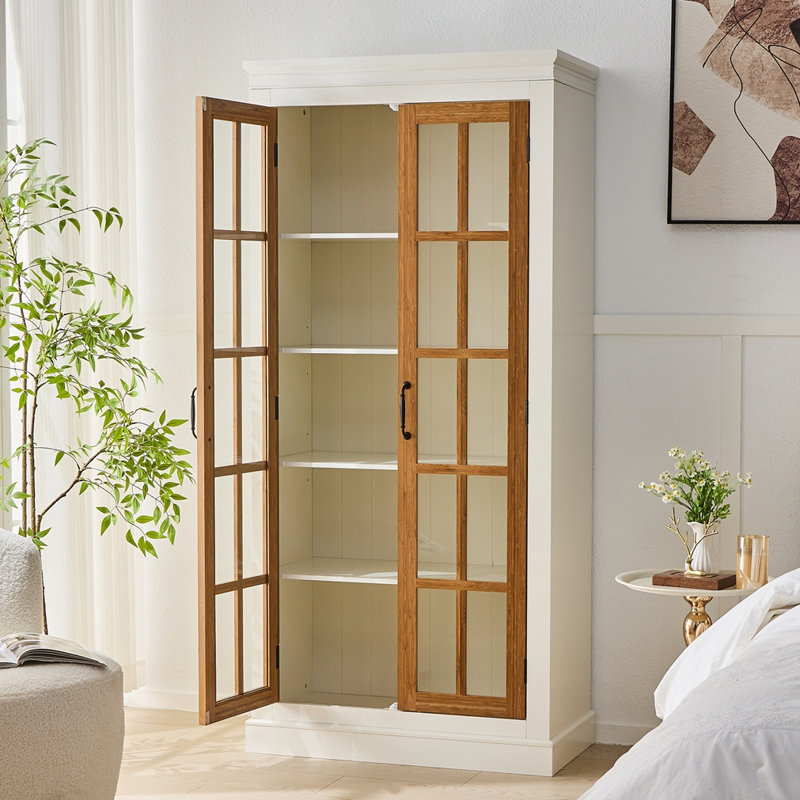 71.2" Freestanding Farmhouse Style Display Cabinets, Brown/Cream White