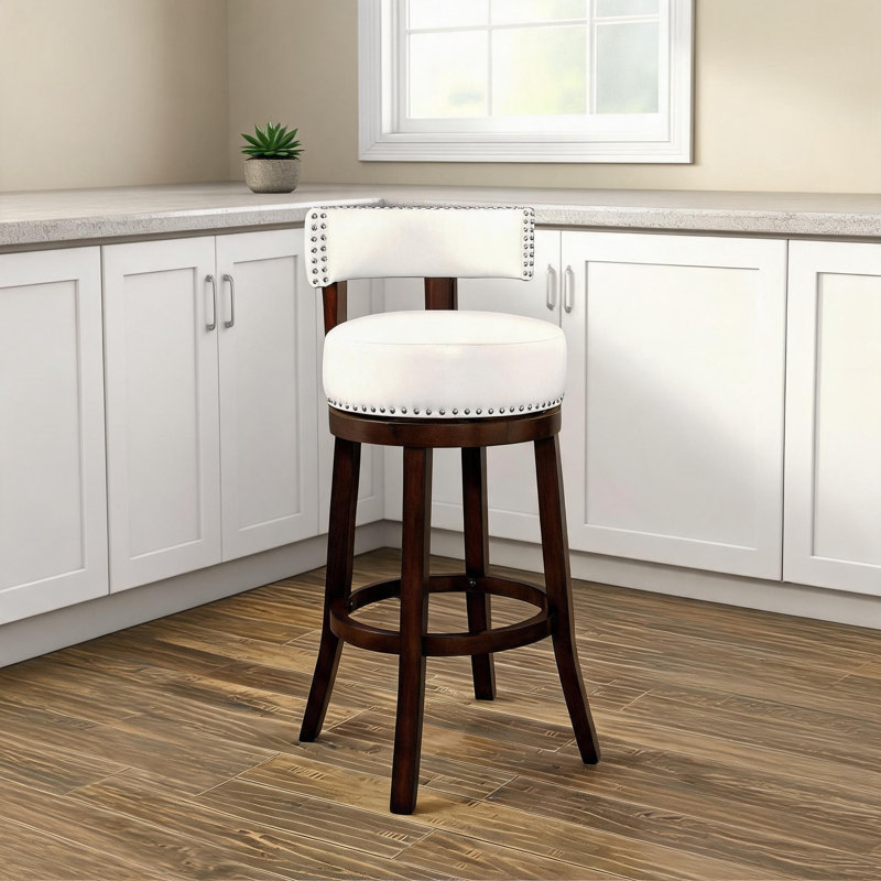 Ensemble de 2 tabourets de bar pivotants de 30 pouces, avec revêtement en tissu blanc pur et pieds en bois de chêne foncé pour comptoir de cuisine