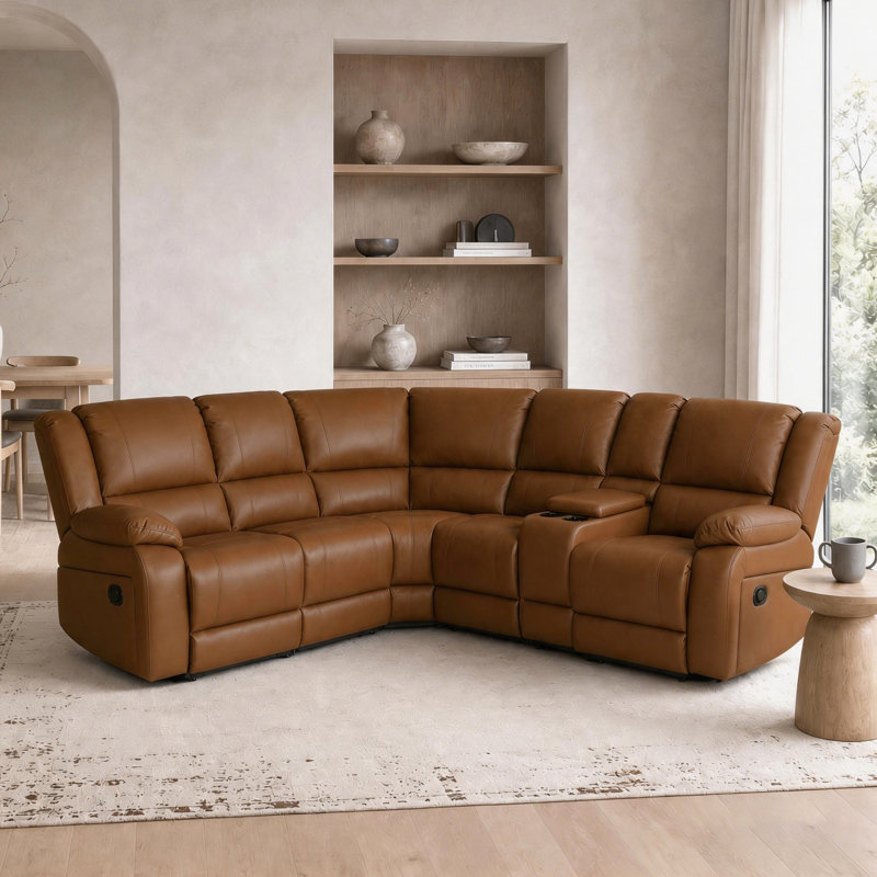 Talley 5-Seat Faux Leather Reclining Sectional Sofa with Storage Console Drop Down Table and Cup Holders, Light Brown