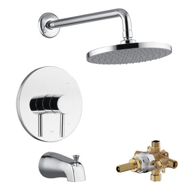 Système de garniture de douche Euro Collection: pomme de douche ronde de 8 po, ensemble de poignées simples, bec de baignoire et soupape brute inclus - chrome poli