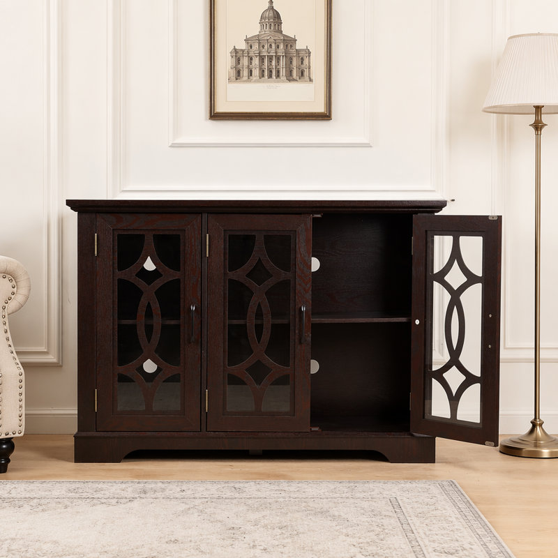Buffet spacieux de 48,66 po x 15,55 po x 34,06 po à 3 portes en verre trempé transparent avec tablette réglable, panneau de fibres à densité moyenne et stratifié décoratif rouge foncé pour la salle à manger, la cuisine et le salon