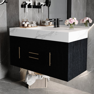 39.4" Bathroom Vanity With Sink, Ceramic Basin, Sintered Stone Countertop, Waterproof Multi-layer Solid Wood Plywood Cabinet, Soft-close Hardware, Adjustable Drainage Featuring Large Seamless Smart