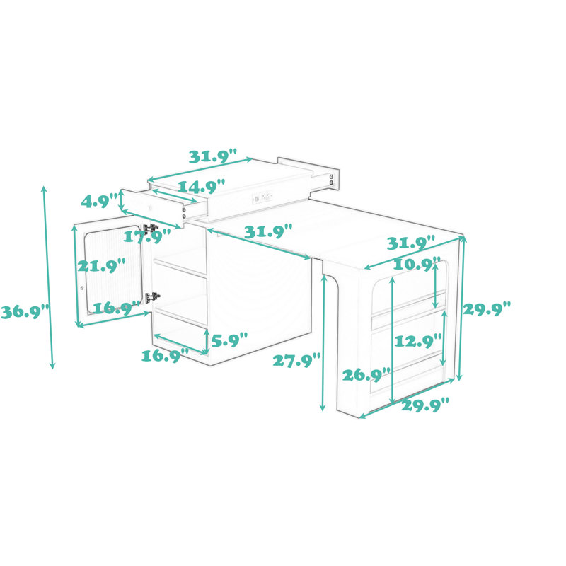 Îlot de cuisine avec table de salle à manger extensible, rangement double-face, 2 tiroirs, prise de courant et tablettes réglables