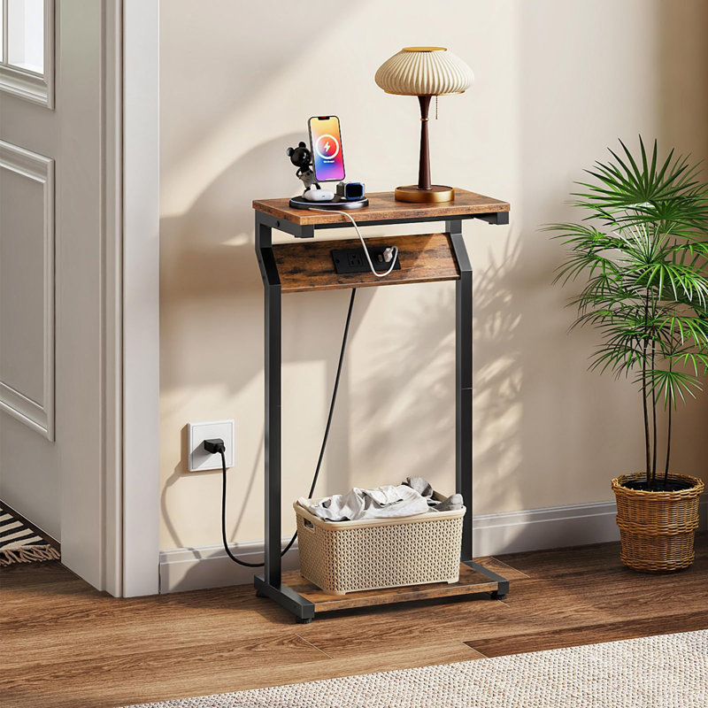 Table d'appoint étroite avec station de charge, Brun / Noir