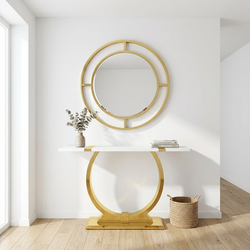 Console dorée de luxe de 55 pouces avec structure en métal en U et plateau en bois