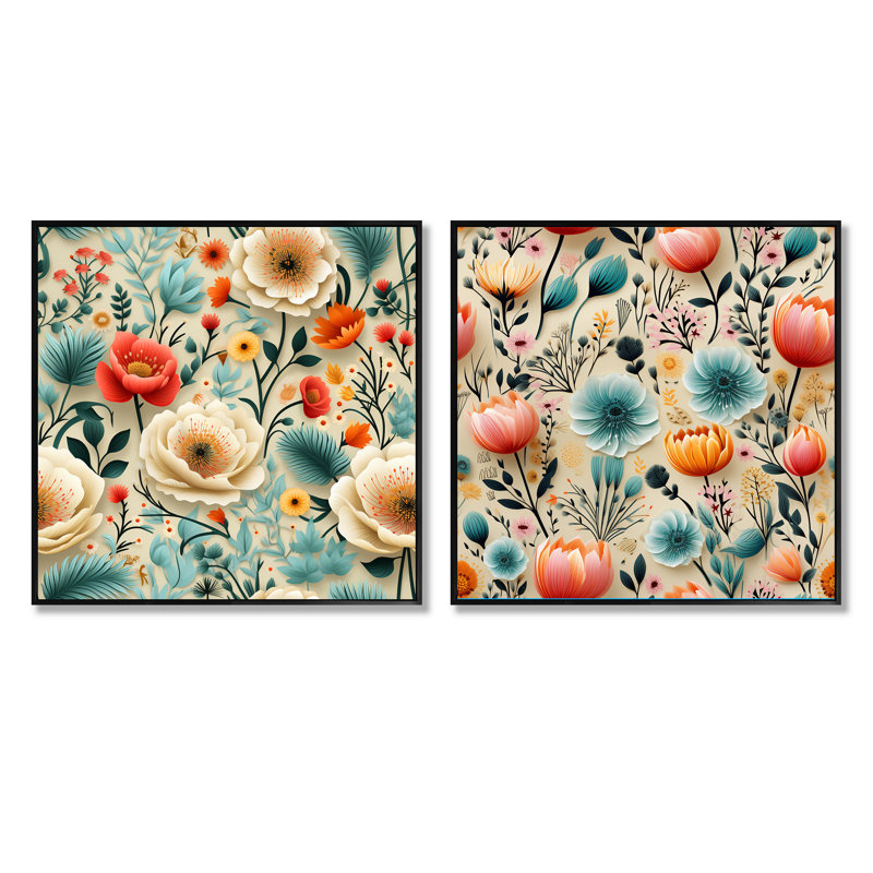 Narron - Ensemble de 2 collages carrés floraux, Cadre flottant noir, H 16 po x l 33 po