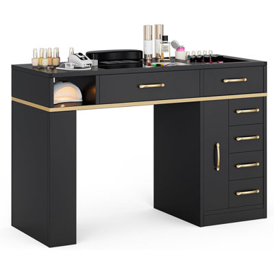 Station de manucure manucure pour Nail Tech, table à clous en verre avec collecteur de poussière électrique, 7 tiroirs et tablettes, poste de travail beauté des ongles avec coussin de poignet, présentoir en acrylique (Black Vision)