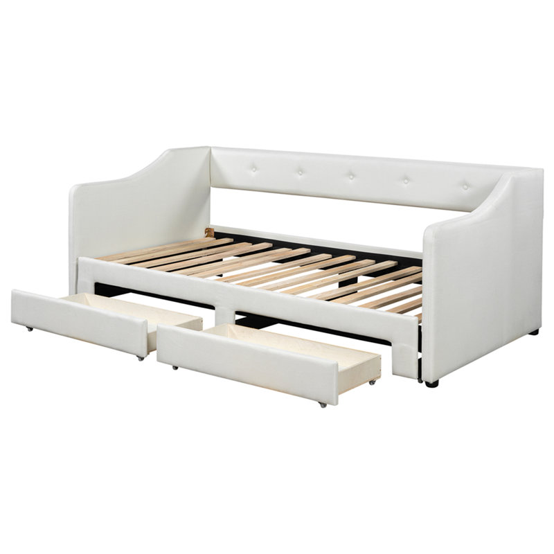 Twin XL to King Size Upholstered Daybed with Two Drawers, Beige