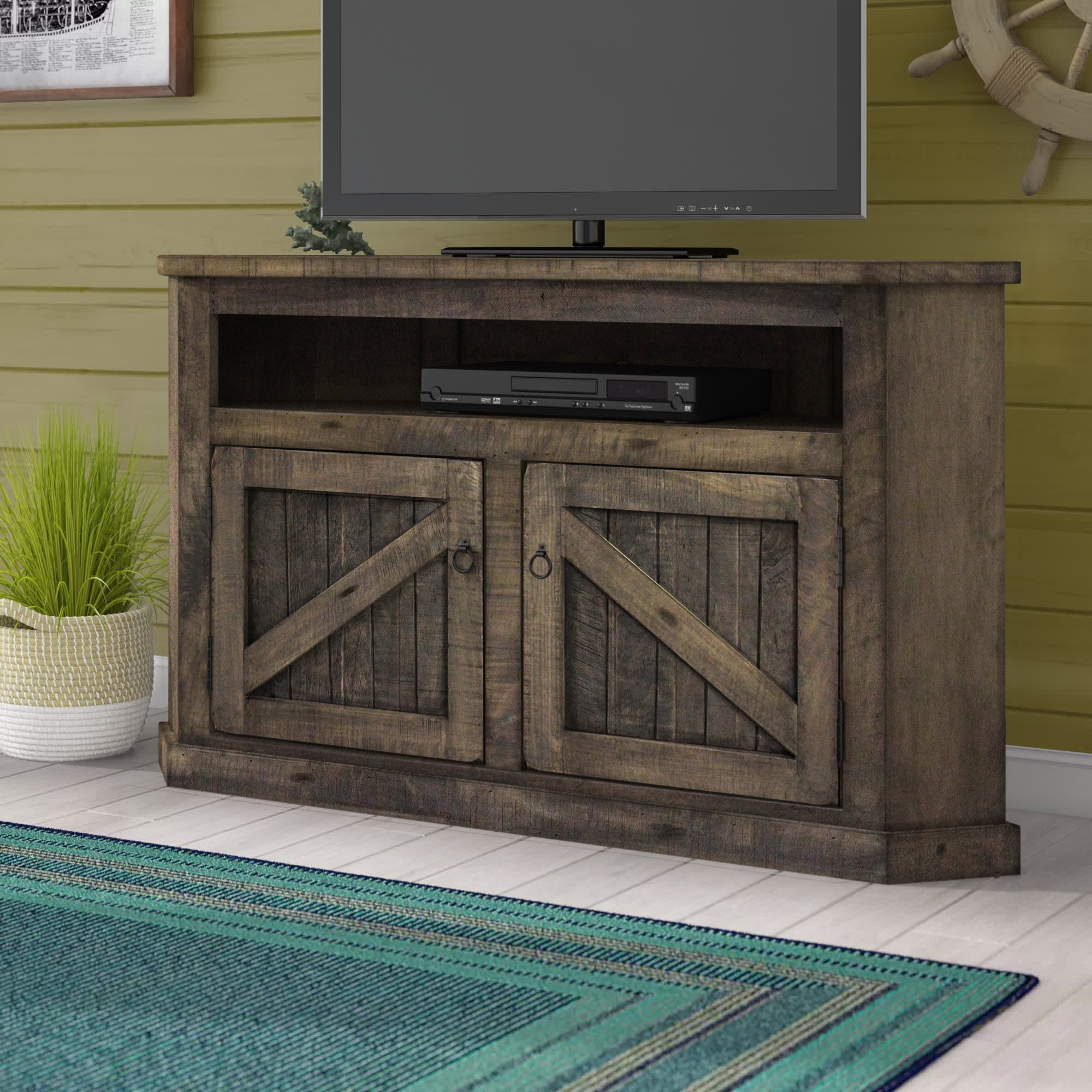 Longshore Tides Benji Solid Wood Corner TV Stand for TVs up to 65 Wayfair TV Stands Entertainment Centers