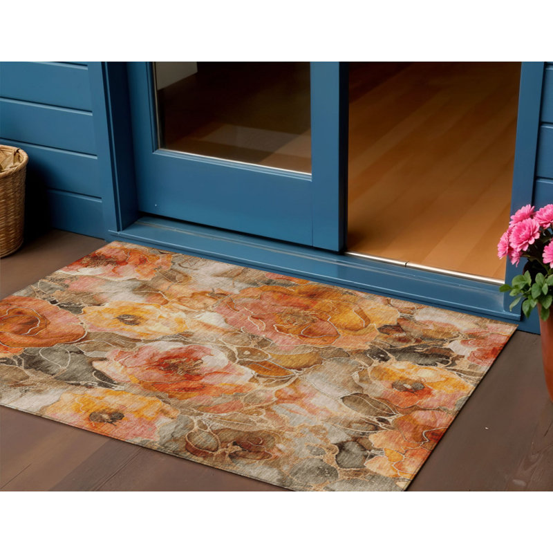 3' X 5' Orange And Gray Floral Washable Indoor Outdoor Area Rug