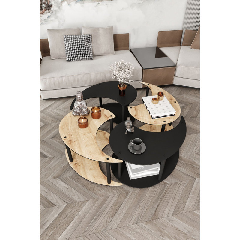 Modern Coffee Table Set (2 Pieces), Oak & Black, 27.6 x 27.6 x 15.0 inches | 100% MDF with Sturdy Wooden Legs | Stylish Design for Living Room, Perfect for Minimalist & Contemporary Décor